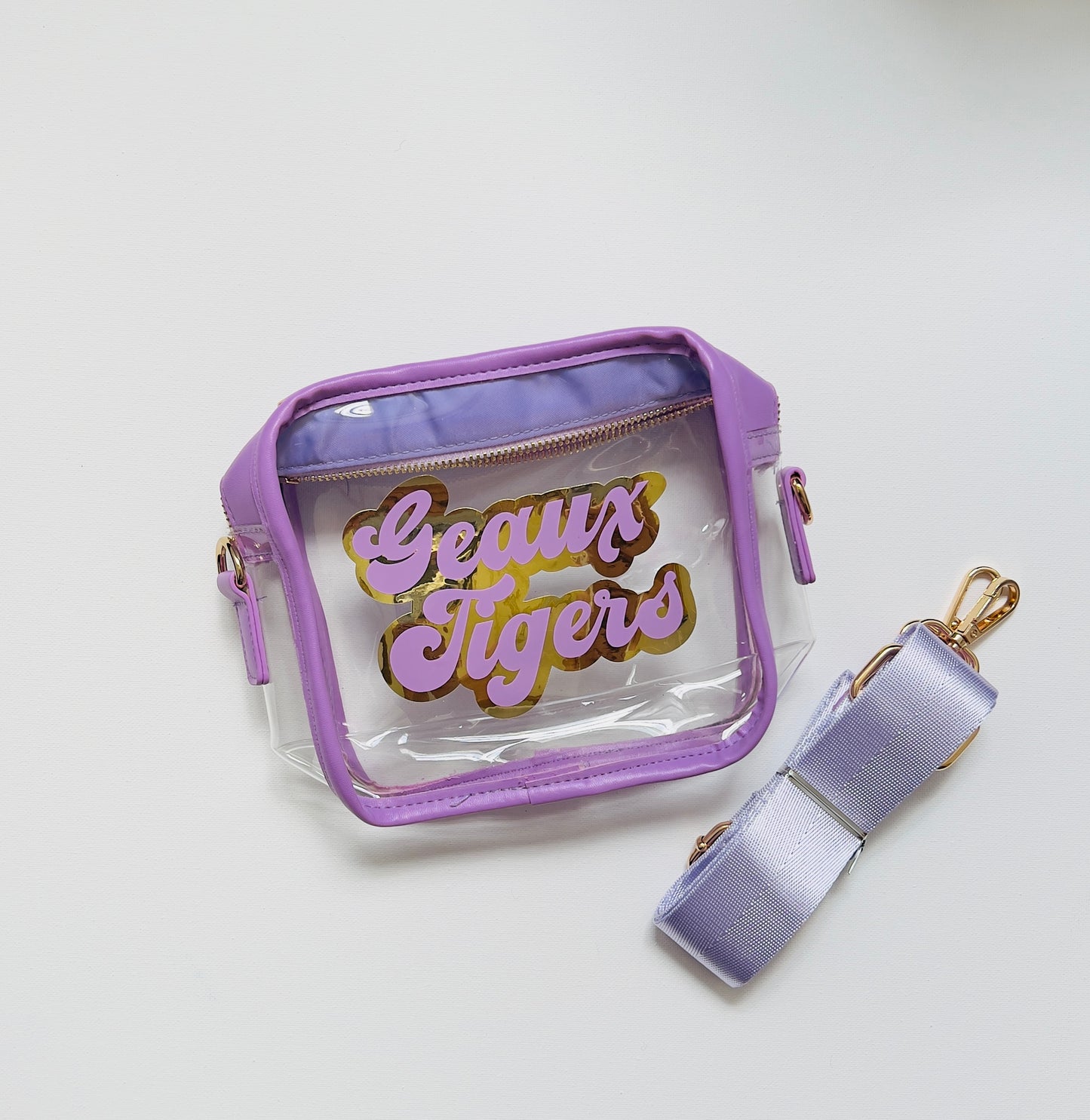Brighton Bag / Purple / Geaux Tigers Vintage Font PG / Purple & Gold Fender Strap