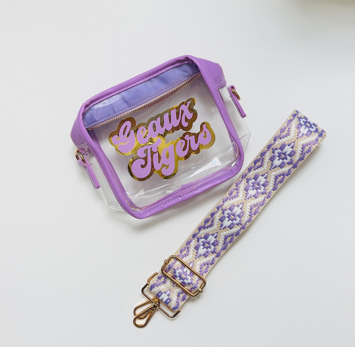Brighton Bag / Purple / Geaux Tigers Vintage Font PG / Purple & Gold Fender Strap
