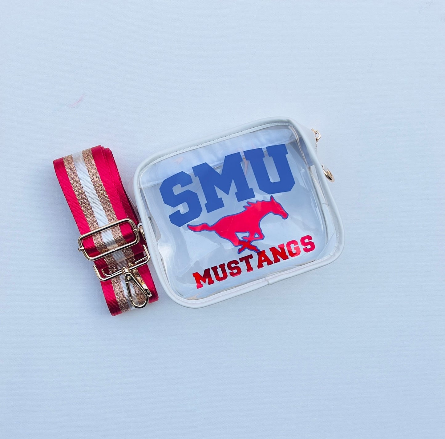 Brighton Bag / White / SMU Mustangs / Red & Gold Fender Strap