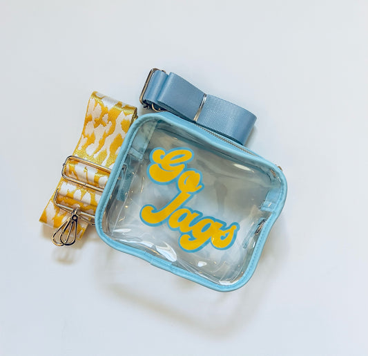 Brighton Bag / Blue / Go Jags / Vintage Font / Yellow & White Fender Strap